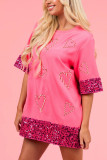 Pink Heart Sequin Hem Short Sleeves Top