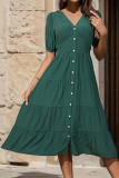 Green V Neck Buttoned Ruffles Midi Dress