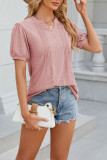 Plain Eyelet Pattern V Neck Puff Top