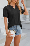 Plain Eyelet Pattern V Neck Puff Top