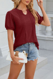 Plain Eyelet Pattern V Neck Puff Top