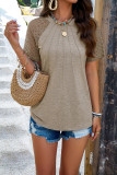 Plain Pin-Tuck Jacquard Lace Sleeves Top