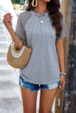 Plain Pin-Tuck Jacquard Lace Sleeves Top