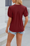 Plain Eyelet Pattern V Neck Puff Top