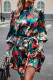 Green Abstract Print Frilled Neck Gigot Sleeve Dress with Waist Tie