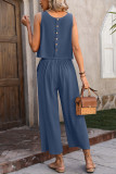 Plain Linen Back Buttoned Tank Top With Pants 2pcs Set