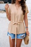 V Neck Button Tie Waist Plain Top