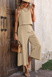 Plain Linen Back Buttoned Tank Top With Pants 2pcs Set