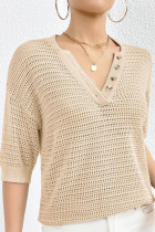 Plain V Neck Buttoned Knit Top