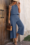 Plain Linen Back Buttoned Tank Top With Pants 2pcs Set