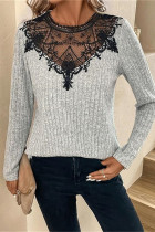 Grey V Neck Lace Crochet Knitting Top