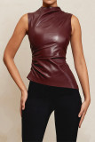 Plain Funnel Sleeveless Leather Top