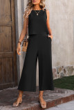 Plain Linen Back Buttoned Tank Top With Pants 2pcs Set