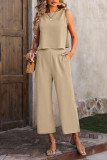 Plain Linen Back Buttoned Tank Top With Pants 2pcs Set