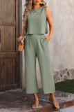 Plain Linen Back Buttoned Tank Top With Pants 2pcs Set