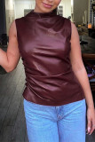 Plain Funnel Sleeveless Leather Top