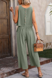 Plain Linen Back Buttoned Tank Top With Pants 2pcs Set