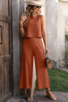 Plain Linen Back Buttoned Tank Top With Pants 2pcs Set