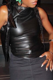 Plain Funnel Sleeveless Leather Top