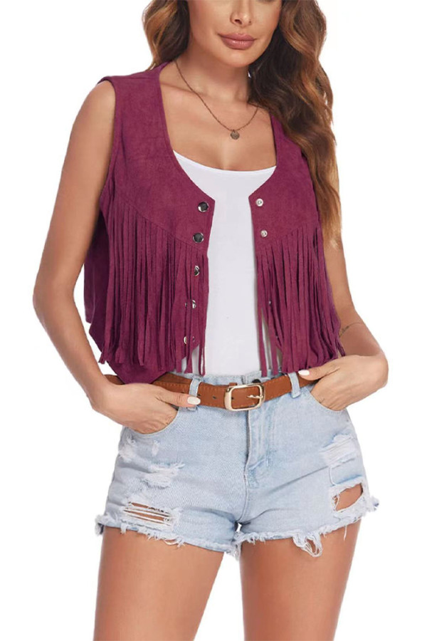 Plain Suede Snap Button Tassel Vest