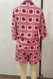 Red Printed Button Up Shirt And Shorts 2pcs Set