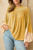 Beige Floral Colorblock Balloon Sleeve Exposed Seam Blouse