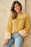 Beige Floral Colorblock Balloon Sleeve Exposed Seam Blouse