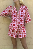 Red Printed Button Up Shirt And Shorts 2pcs Set