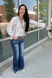 White Stripe Notched Neckline Striped Aztec Embroidered Blouse