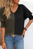 Colorblock V Neck Puff Sleeves Top