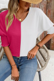 Colorblock V Neck Puff Sleeves Top