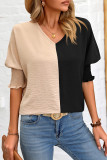 Colorblock V Neck Puff Sleeves Top