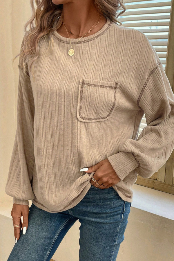 Pale Khaki Loose Exposed Stitching Textured Knit Top