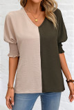 Colorblock V Neck Puff Sleeves Top