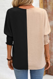 Colorblock V Neck Puff Sleeves Top