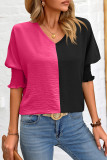 Colorblock V Neck Puff Sleeves Top