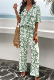 Printed Button Up Shirt and Pants 2pcs Set