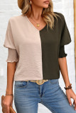 Colorblock V Neck Puff Sleeves Top