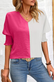 Colorblock V Neck Puff Sleeves Top