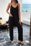 Plain V Neck Loose Pockets Cami Jumpsuit