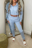 Plain Open Zipper Crop Top With Pants 2pcs Set