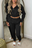 Plain Open Zipper Crop Top With Pants 2pcs Set
