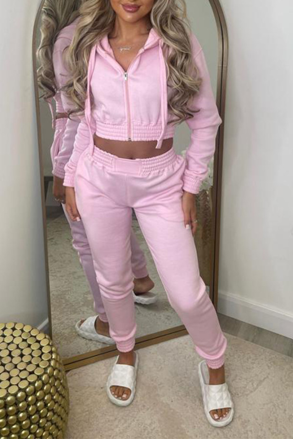 Plain Open Zipper Crop Top With Pants 2pcs Set