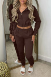 Plain Open Zipper Crop Top With Pants 2pcs Set