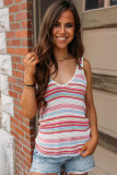 White Stripe Pointelle Knit V Neck Tank Top
