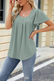 Plain Eyelet Pattern Squre Neck Flare Sleeves Top