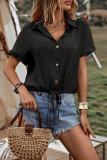 Plain Button Up Front Tie Blouse