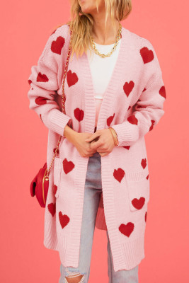 Light Pink Valentine's Day Heart Pattern Ribbed Trim Open Front Cardigan