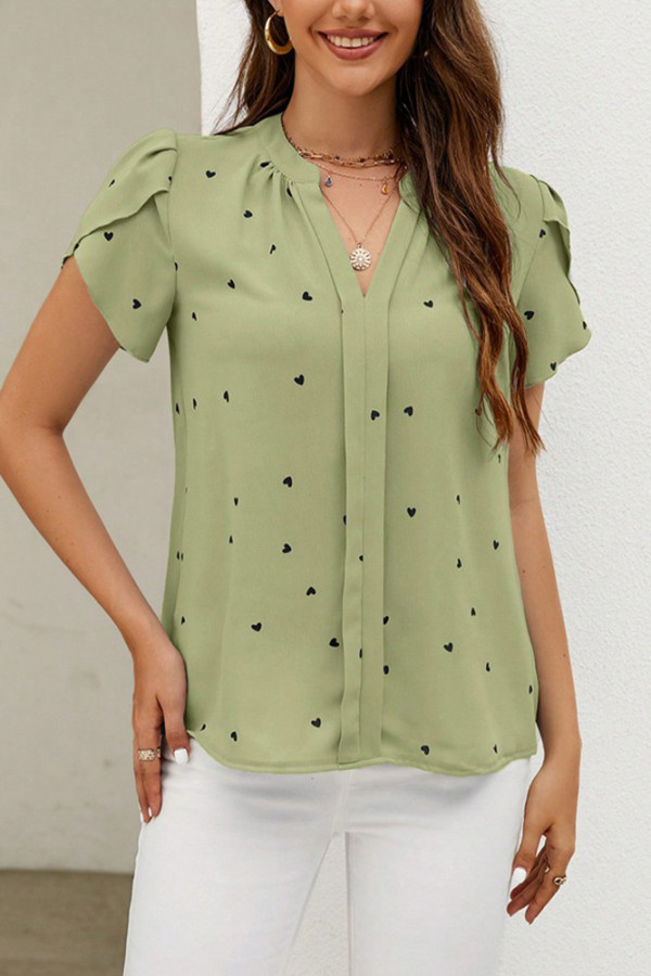 Heart Print V Neck Turlip Sleeves Blouse