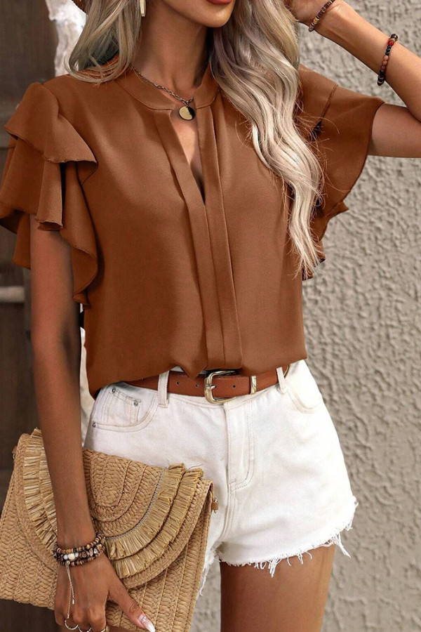 Plain V Neck Dual Ruffles Sleeves Blouse